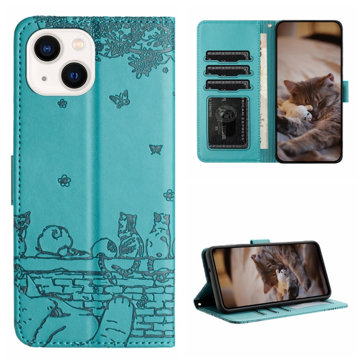 Cat Embossing Pattern Leather Phone Case with Lanyard, For iPhone 15, For iPhone 14 Plus, For iPhone 14, For iPhone 14 Pro