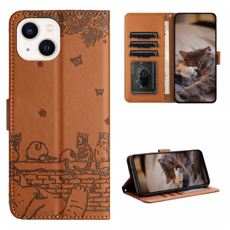 Cat Embossing Pattern Leather Phone Case with Lanyard, iPhone 16e, For iPhone 15 Pro Max, For iPhone 15 Pro, For iPhone 15 Plus