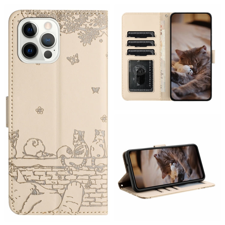 Cat Embossing Pattern Leather Phone Case with Lanyard, iPhone 16e, For iPhone 15 Pro Max, For iPhone 15 Pro, For iPhone 15 Plus