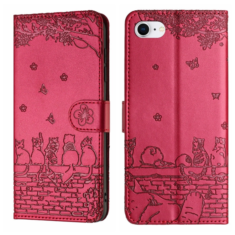 Cat Embossing Pattern Leather Phone Case with Lanyard, iPhone 16e, For iPhone 15 Pro Max, For iPhone 15 Pro, For iPhone 15 Plus