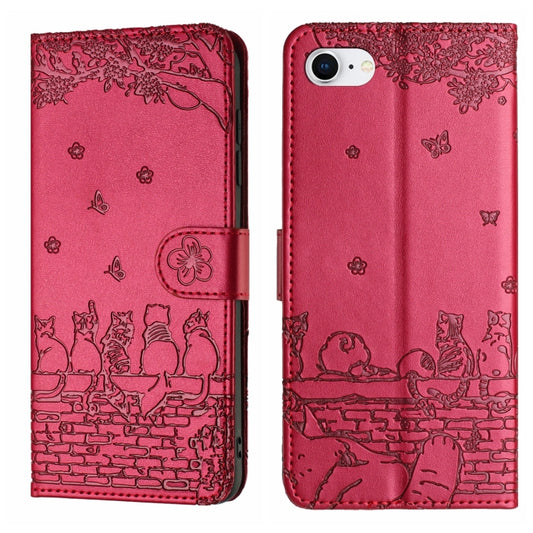 Cat Embossing Pattern Leather Phone Case with Lanyard, iPhone 16e, For iPhone 15 Pro Max, For iPhone 15 Pro, For iPhone 15 Plus