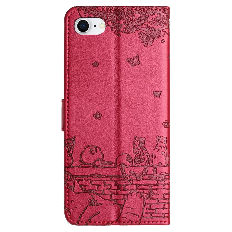Cat Embossing Pattern Leather Phone Case with Lanyard, iPhone 16e, For iPhone 15 Pro Max, For iPhone 15 Pro, For iPhone 15 Plus