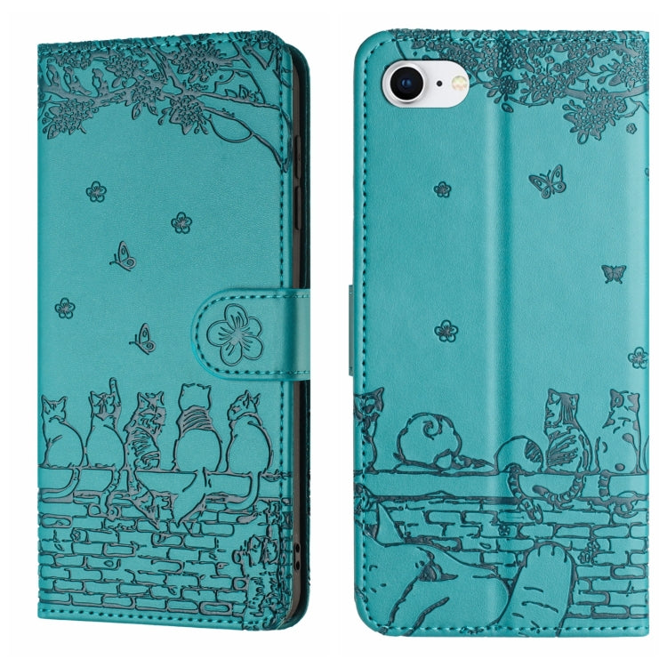 Cat Embossing Pattern Leather Phone Case with Lanyard, iPhone 16e, For iPhone 15 Pro Max, For iPhone 15 Pro, For iPhone 15 Plus