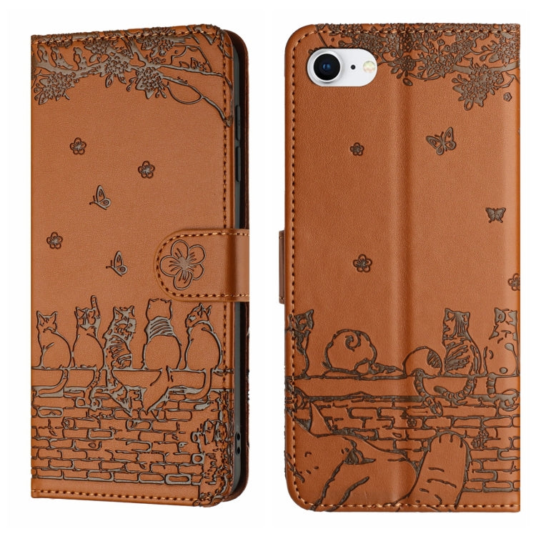 Cat Embossing Pattern Leather Phone Case with Lanyard, iPhone 16e, For iPhone 15 Pro Max, For iPhone 15 Pro, For iPhone 15 Plus