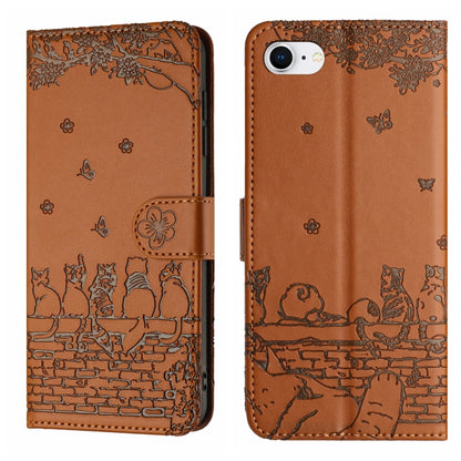 Cat Embossing Pattern Leather Phone Case with Lanyard, iPhone 16e, For iPhone 15 Pro Max, For iPhone 15 Pro, For iPhone 15 Plus