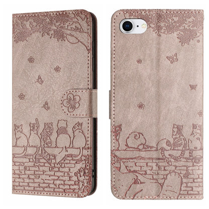 Cat Embossing Pattern Leather Phone Case with Lanyard, iPhone 16e, For iPhone 15 Pro Max, For iPhone 15 Pro, For iPhone 15 Plus