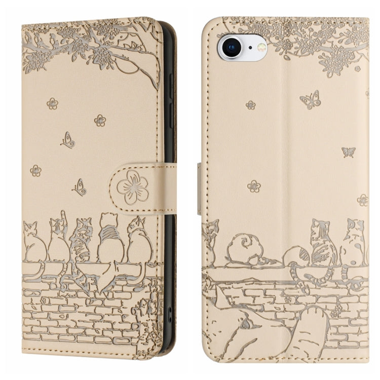 Cat Embossing Pattern Leather Phone Case with Lanyard, iPhone 16e, For iPhone 15 Pro Max, For iPhone 15 Pro, For iPhone 15 Plus