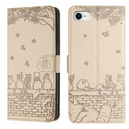 Cat Embossing Pattern Leather Phone Case with Lanyard, iPhone 16e, For iPhone 15 Pro Max, For iPhone 15 Pro, For iPhone 15 Plus