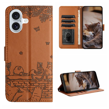 Cat Embossing Pattern Leather Phone Case with Lanyard, For iPhone 16 Pro Max, For iPhone 16 Pro, For iPhone 16 Plus, For iPhone 16