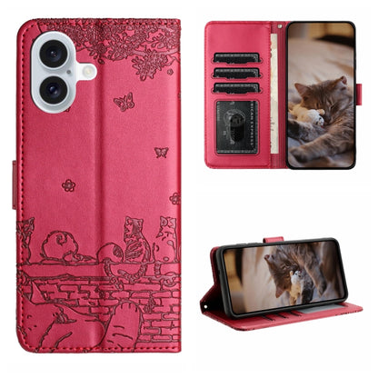 Cat Embossing Pattern Leather Phone Case with Lanyard, For iPhone 16 Pro Max, For iPhone 16 Pro, For iPhone 16 Plus, For iPhone 16