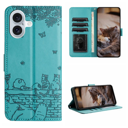 Cat Embossing Pattern Leather Phone Case with Lanyard, For iPhone 16 Pro Max, For iPhone 16 Pro, For iPhone 16 Plus, For iPhone 16