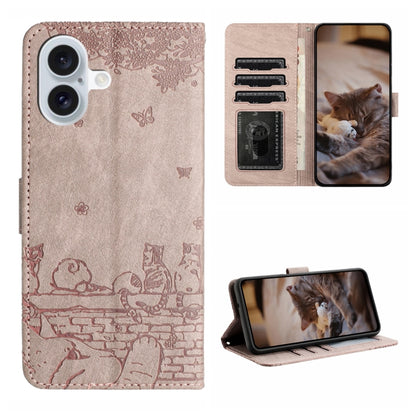 Cat Embossing Pattern Leather Phone Case with Lanyard, For iPhone 16 Pro Max, For iPhone 16 Pro, For iPhone 16 Plus, For iPhone 16
