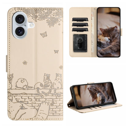 Cat Embossing Pattern Leather Phone Case with Lanyard, For iPhone 16 Pro Max, For iPhone 16 Pro, For iPhone 16 Plus, For iPhone 16