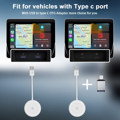 USB + USB-C / Type-C Wired to Wireless Carplay Adapter for iPhone, White Round