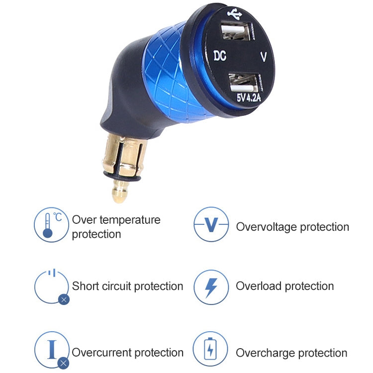 German EU Plug Special Motorcycle Elbow Charger Dual USB Voltmeter 4.2A Charger, Black, Blue, Red, Gold