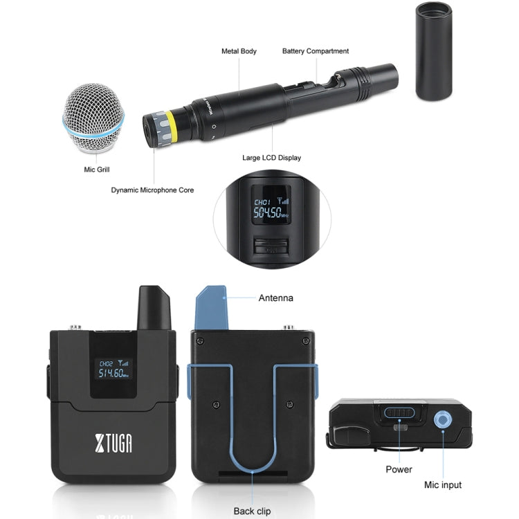 XTUGA A140-H Wireless Microphone System 4 Channel UHF Handheld Microphone