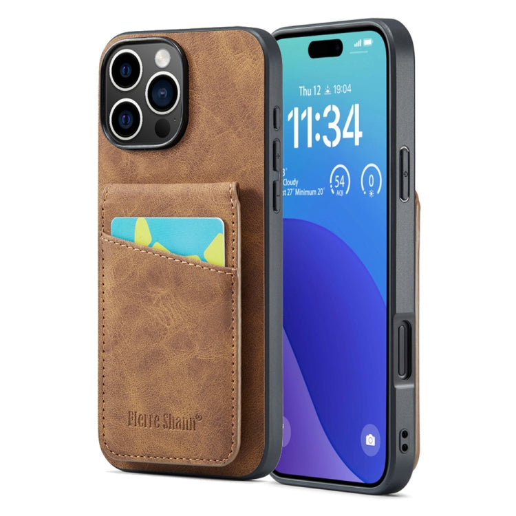 Fierre Shann Crazy Horse Card Holder Back Cover PU Phone Case, For iPhone 16 Pro Max, For iPhone 16 Pro, For iPhone 16 Plus, For iPhone 16