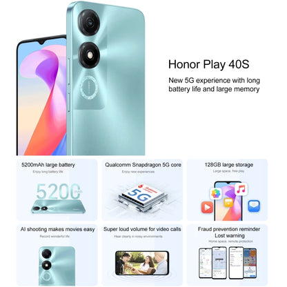 Honor Play 40S 5G، شاشة 6.56 بوصة، MagicOS 7.1، معالج Snapdragon 480 Plus ثماني النواة حتى 2.2 جيجاهرتز، شبكة 5G، لا يدعم Google Play، ذاكرة وصول عشوائي 4 جيجابايت + 128 جيجابايت