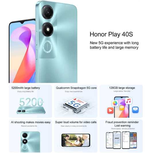 Honor Play 40S 5G، شاشة 6.56 بوصة، MagicOS 7.1، معالج Snapdragon 480 Plus ثماني النواة حتى 2.2 جيجاهرتز، شبكة 5G، لا يدعم Google Play، ذاكرة وصول عشوائي 4 جيجابايت + 128 جيجابايت