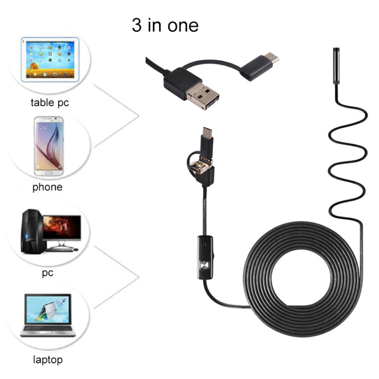 AN100 3 in 1 IP67 Waterproof USB-C / Type-C + Micro USB + USB HD Endoscope Snake Tube Inspection Camera for Parts of OTG Function Android Mobile Phone, with 6 LEDs