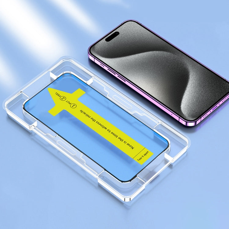 غشاء زجاجي مقوى عالي الدقة سريع التركيب، مقاوم للغبار والكهرباء الساكنة، مناسب لهاتف iPhone 16 Pro Max، iPhone 16 Pro، iPhone 16 Plus / 15 Plus، iPhone 16 / 15، iPhone 15 Pro Max، iPhone 15 Pro