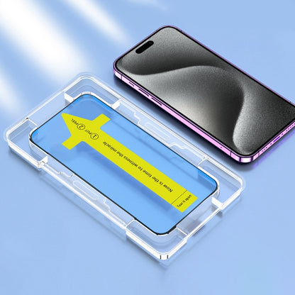 غشاء زجاجي مقوى عالي الدقة سريع التركيب، مقاوم للغبار والكهرباء الساكنة، مناسب لهاتف iPhone 16 Pro Max، iPhone 16 Pro، iPhone 16 Plus / 15 Plus، iPhone 16 / 15، iPhone 15 Pro Max، iPhone 15 Pro