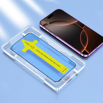 غشاء زجاجي مقوى عالي الدقة سريع التركيب، مقاوم للغبار والكهرباء الساكنة، مناسب لهاتف iPhone 16 Pro Max، iPhone 16 Pro، iPhone 16 Plus / 15 Plus، iPhone 16 / 15، iPhone 15 Pro Max، iPhone 15 Pro