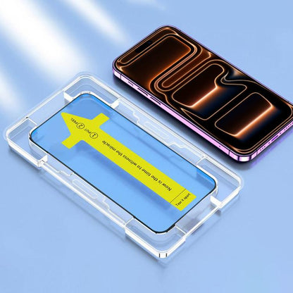 غشاء زجاجي مقوى عالي الدقة سريع التركيب، مقاوم للغبار والكهرباء الساكنة، مناسب لهاتف iPhone 16 Pro Max، iPhone 16 Pro، iPhone 16 Plus / 15 Plus، iPhone 16 / 15، iPhone 15 Pro Max، iPhone 15 Pro