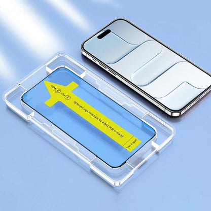 غشاء زجاجي مقوى عالي الدقة سريع التركيب، مقاوم للغبار والكهرباء الساكنة، مناسب لهاتف iPhone 16 Pro Max، iPhone 16 Pro، iPhone 16 Plus / 15 Plus، iPhone 16 / 15، iPhone 15 Pro Max، iPhone 15 Pro