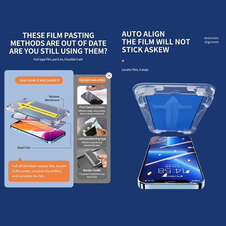 غشاء زجاجي مقوى عالي الدقة سريع التركيب، مقاوم للغبار والكهرباء الساكنة، مناسب لهاتف iPhone 16 Pro Max، iPhone 16 Pro، iPhone 16 Plus / 15 Plus، iPhone 16 / 15، iPhone 15 Pro Max، iPhone 15 Pro