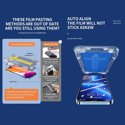غشاء زجاجي مقوى عالي الدقة سريع التركيب، مقاوم للغبار والكهرباء الساكنة، مناسب لهاتف iPhone 16 Pro Max، iPhone 16 Pro، iPhone 16 Plus / 15 Plus، iPhone 16 / 15، iPhone 15 Pro Max، iPhone 15 Pro