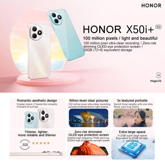 هاتف Honor X50i+، شاشة 6.7 بوصة، نظام التشغيل MagicOS 7.2، معالج Dimensity 6080 ثماني النواة حتى 2.4 جيجاهرتز، شبكة 5G، OTG، لا يدعم جوجل بلاي، 12 جيجابايت + 256 جيجابايت، 12 جيجابايت + 512 جيجابايت