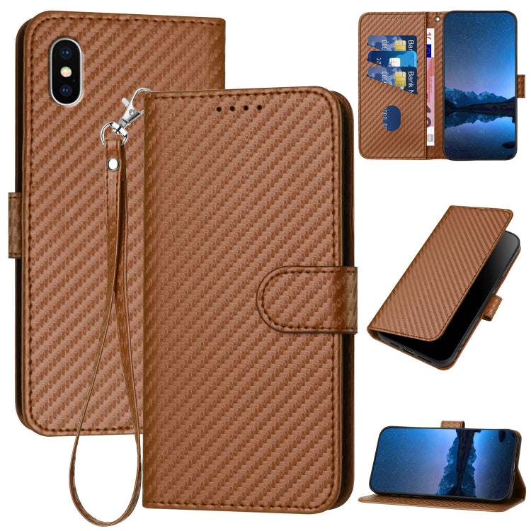 جراب هاتف YX0070 مصنوع من ألياف الكربون ومشبك جلدي مع حبل، مناسب لهاتف iPhone XS Max وiPhone 8 Plus / 7 Plus