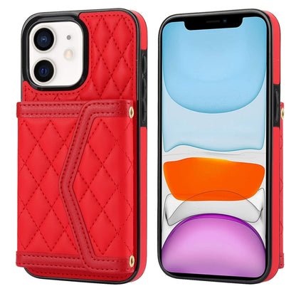 Splicing Rhombic Texture Card Bag Phone Case with Long Lanyard