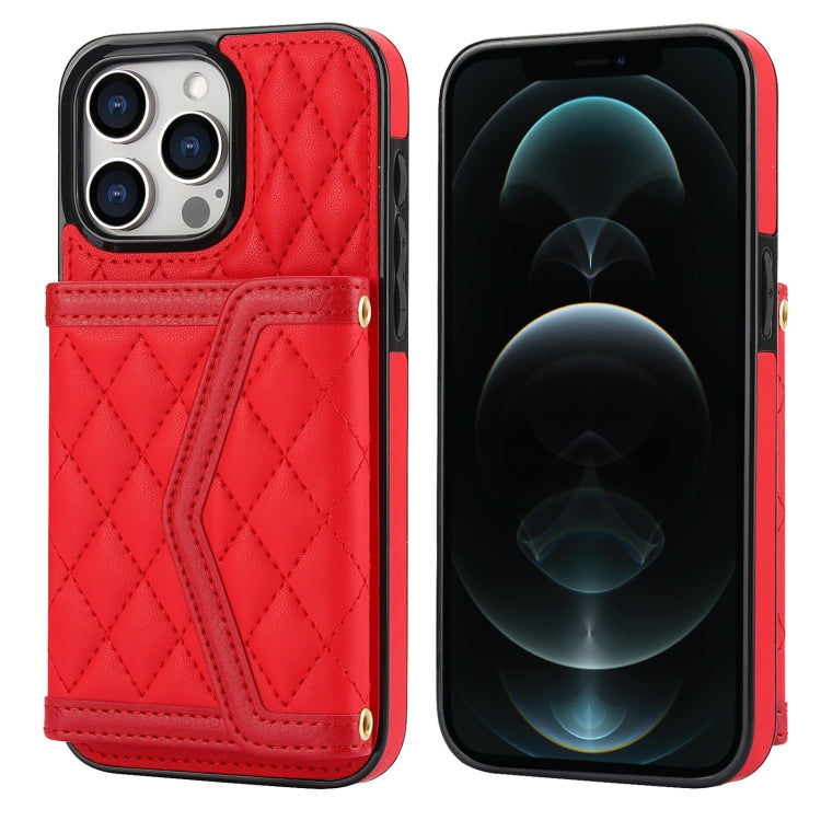 Splicing Rhombic Texture Card Bag Phone Case with Long Lanyard