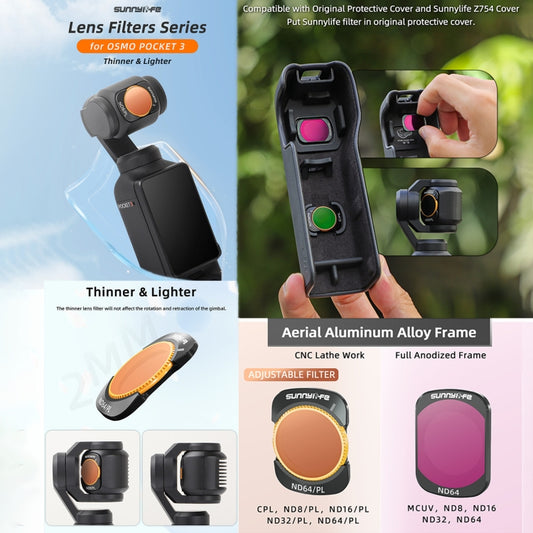 For DJI Osmo Pocket 3 Sunnylife Camera Lens Magnetic Metal Filter, No Impact On Gimbal Reset, MCUV, ND8, ND16, ND32, ND64, CPL, ND8PL, ND16PL, ND32PL, ND64PL, 3 in 1 CPL ND8 ND16, 4 in 1 ND8-64, 4 in 1 ND8-64PL, 4 in 1 UV CPL ND32 ND64�����������������...