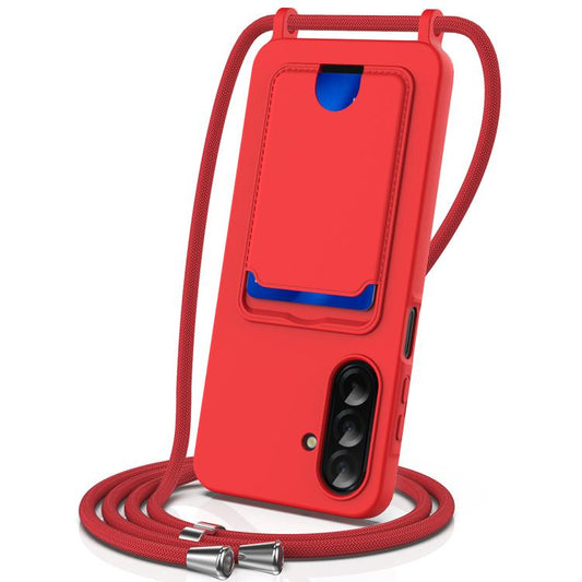 Integrated Card Bag Solid Color Liquid Silicone Phone Case with Lanyard