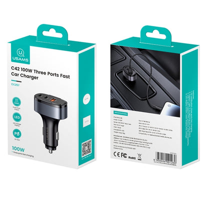 USAMS CC257 C42 100W USB, Type-C, 8 Pin Three Ports Car Fast Charger, CC257 C42