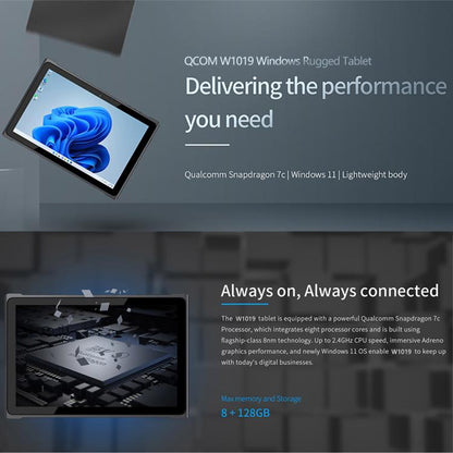 جهاز لوحي QCOM W1019 بنظام Windows 11 Pro، 8 جيجابايت + 128 جيجابايت، شاشة 10.1 بوصة، معالج Qualcomm SC7180 Kryo 468 8C8T ثماني النواة، شبكة: 4G، OTG، قابس الاتحاد الأوروبي، قابس الولايات المتحدة، قابس المملكة المتحدة، قابس أستراليا