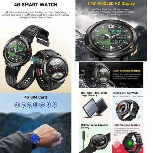 UNIWA DM300 4G Android Watch Phone, 1.43 inc Unisoc SL8541E Quad Core, Support Heart Rate / Blood Oxygen