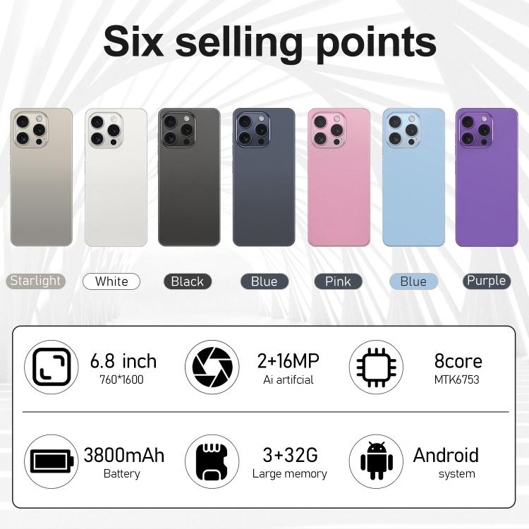 هاتف I16 Pro Max / VD1، 3 جيجابايت + 32 جيجابايت، شاشة 6.8 بوصة، أندرويد 10، معالج MTK6753 ثماني النواة، الشبكة: 4G، شريحتي اتصال، قابس الاتحاد الأوروبي، قابس الولايات المتحدة، قابس المملكة المتحدة، قابس أستراليا