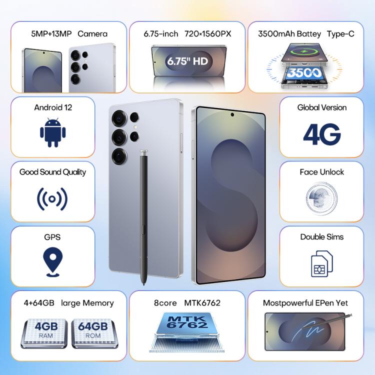 S25 Ultra / Q25، 4 جيجابايت + 64 جيجابايت، 6.75 بوصة، أندرويد 12، MTK6762 ثماني النواة، الشبكة: 4G، ثنائي الشريحة، مع قلم، قابس الاتحاد الأوروبي، قابس الولايات المتحدة، قابس المملكة المتحدة، قابس أستراليا