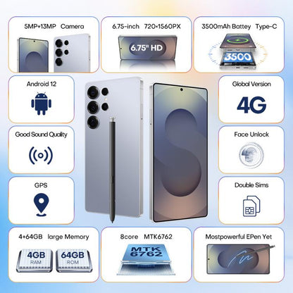 S25 Ultra / Q25، 4 جيجابايت + 64 جيجابايت، 6.75 بوصة، أندرويد 12، MTK6762 ثماني النواة، الشبكة: 4G، ثنائي الشريحة، مع قلم، قابس الاتحاد الأوروبي، قابس الولايات المتحدة، قابس المملكة المتحدة، قابس أستراليا