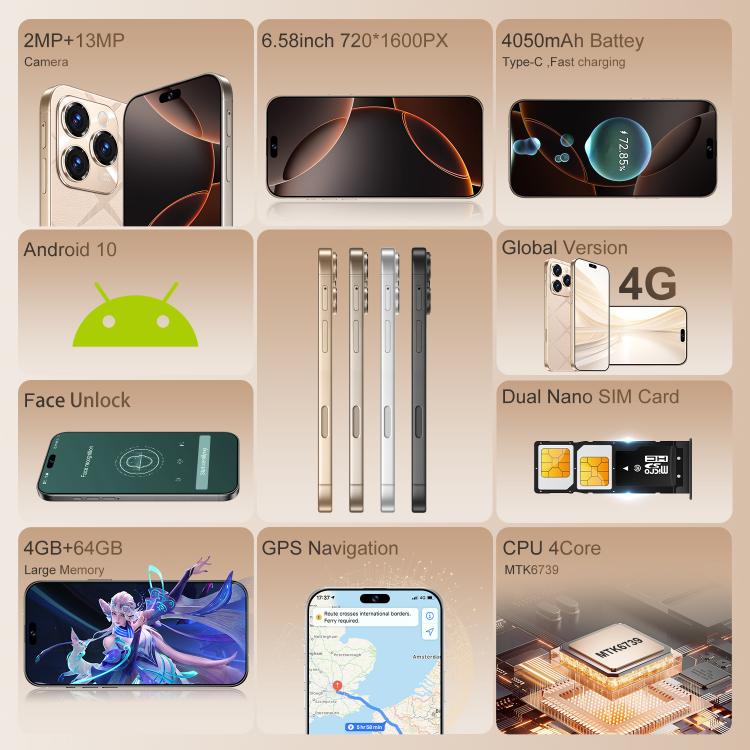A16 Pro Max / PDA89-B، 4 جيجابايت + 64 جيجابايت، 6.58 بوصة، أندرويد 10، MTK6739 رباعي النواة، الشبكة: 4G، OTG، شريحتي اتصال، قابس الاتحاد الأوروبي، قابس الولايات المتحدة، قابس المملكة المتحدة، قابس أستراليا