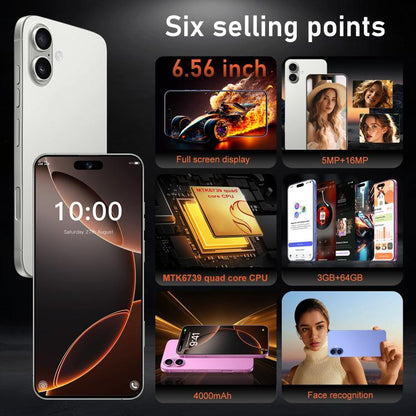 هاتف I16 Plus / RAi5، ذاكرة وصول عشوائي (RAM) سعة 3 جيجابايت وذاكرة داخلية سعة 64 جيجابايت، شاشة 6.56 بوصة، معالج MTK6739 رباعي النواة، شبكة: 4G، شريحتي اتصال، قابس الاتحاد الأوروبي، قابس الولايات المتحدة، قابس المملكة المتحدة، قابس أستراليا