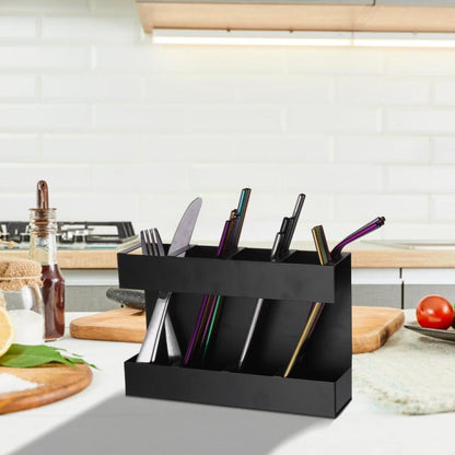 Four-grid Straw Cutlery Metal Storage Rack Kitchen Organizer with 12pcs Soft Magnetic Sheet, with 12pcs Soft Magnetic Sheet