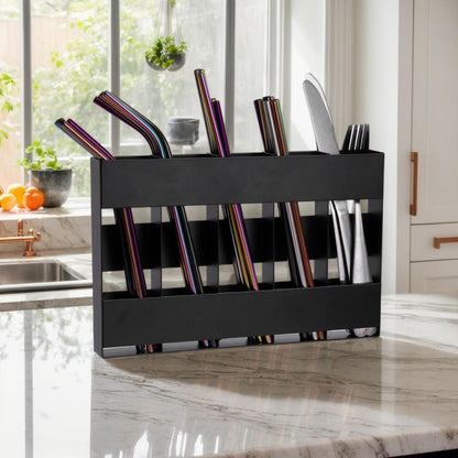 Five-grid Straw Cutlery Metal Storage Rack Kitchen Organizer, without Soft Magnetic Sheet, with 12pcs Soft Magnetic Sheet
