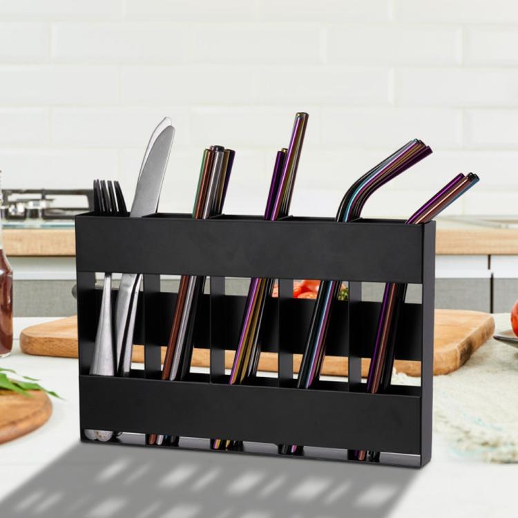 Five-grid Straw Cutlery Metal Storage Rack Kitchen Organizer, without Soft Magnetic Sheet, with 12pcs Soft Magnetic Sheet