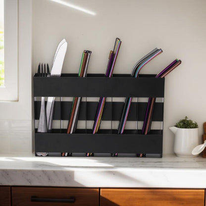 Five-grid Straw Cutlery Metal Storage Rack Kitchen Organizer, without Soft Magnetic Sheet, with 12pcs Soft Magnetic Sheet