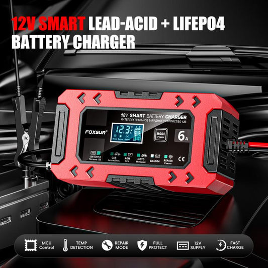 FOXSUR FBC1206F 12V 6A Car Motorcycle Battery Charger Smart Repair Multi-function Charger